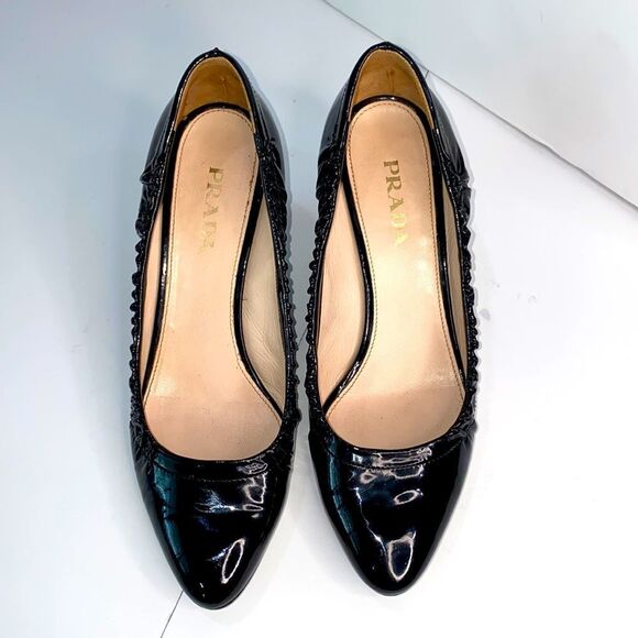 Prada Black Patent Leather Runched Ballet Pump Kitten Heel Size EU 37 - Picture 5 of 17
